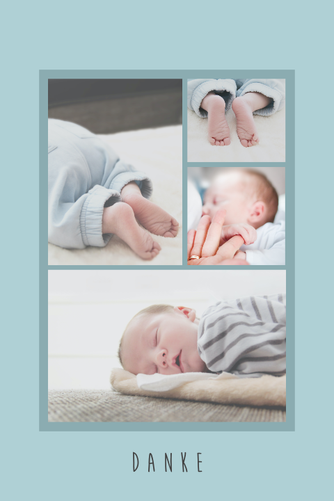 Dankeskarte zur Geburt mit 4 Fotos und blauer Hintergrund