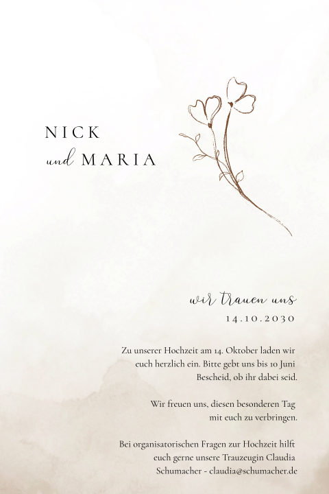 Hochzeitskarte in neutralen Farbtönen und Blumen Zeichnung