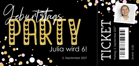 Coole Birthdayparty-Einladung in der Form eines Tickets mit Foto