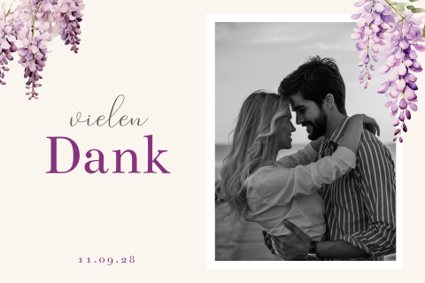 Dankeskarte Hochzeit mit Foto und violetten Aquarell Blauregen Blüten