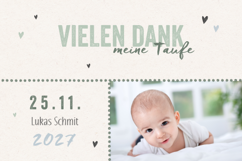 Dankeskarte zur Taufe mit salbeigrüner Schrift und Foto