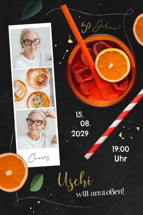 Geburtstageinladung zum 50sten mit Cocktail, Folie und Fotostreifen