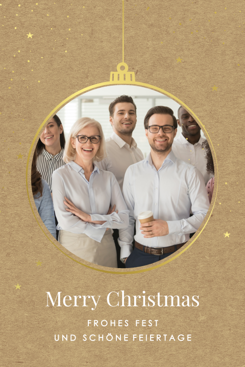 Business-Weihnachtskarte mit Foto in Baumkugel und Goldfolie