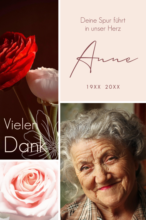 Dankeskarte Trauer mit Fotocollage und Blumen