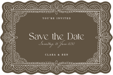 Vintage Save the Date Karte in Braun mit verspielten Spitzendetails