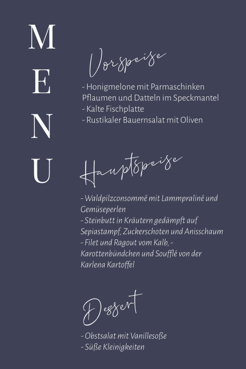 Moderne Menükarte mit blauem Hintergrund