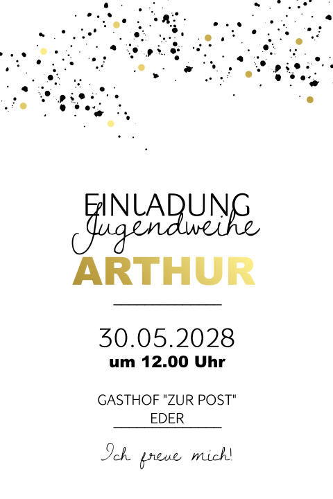 Einladung zur Jugendweihe mit Goldfolie und Punkten