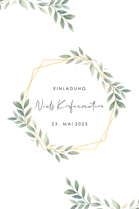 Einladung zur Konfirmation mit Zweigen, Blättern und goldenem Kreuz