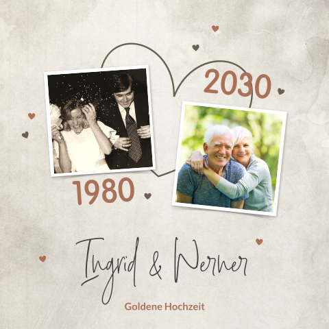Einladung Goldene Hochzeit mit Fotos und verspielten Herzen
