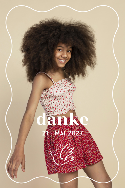 Dankeskarte Konfirmation mit Foto auf der Vorderseite und Taube
