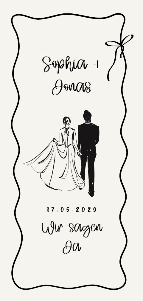 Hochzeitseinladung mit Tuschezeichnung von Braut und Bräutigam