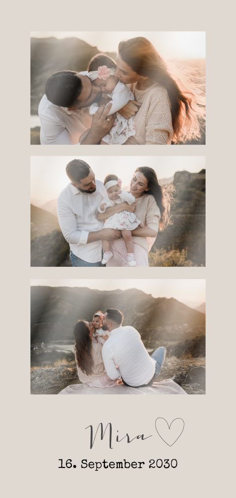 Stilvolle Geburtskarte mit Fotocollage, Namen und Herz