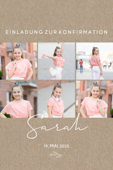 Einladung zur Konfirmation mit vielen Fotos und Zweig im Kraftlook