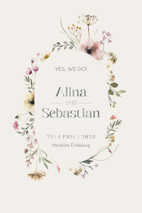 Einladungskarte zur Hochzeit mit dezentem Hintergrund und Blumenmuster