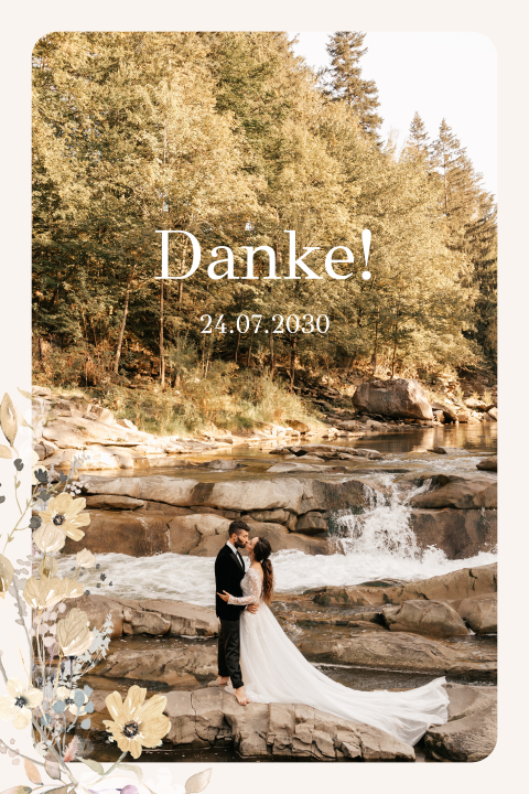 Dankeskarte Hochzeit mit Aquarell Blumen und Foto
