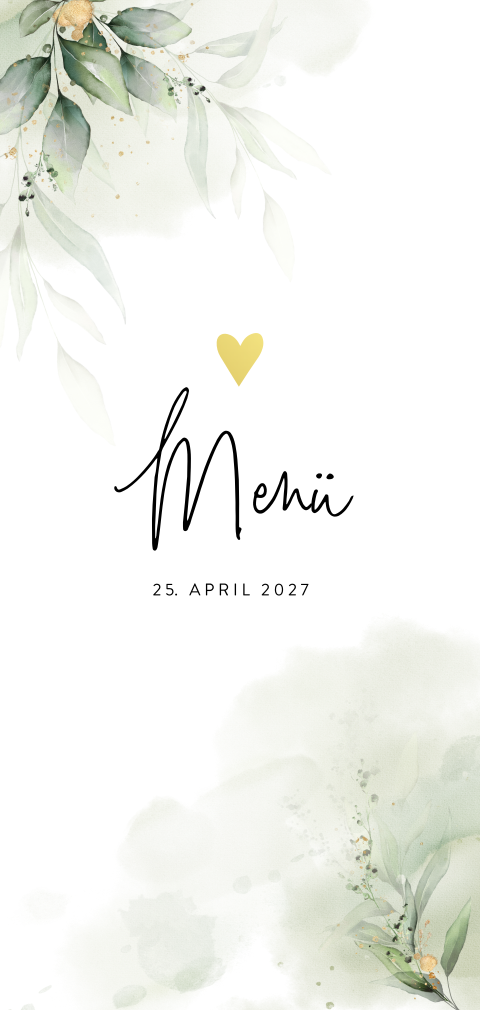 Menü mit Blättern und goldfarbenen Spritzern