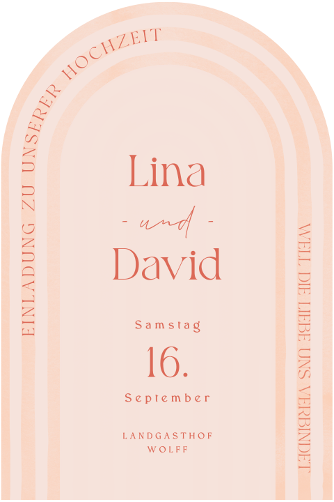 Einladungskarte zur Hochzeit in eleganter Bogenform in apricot/rosa