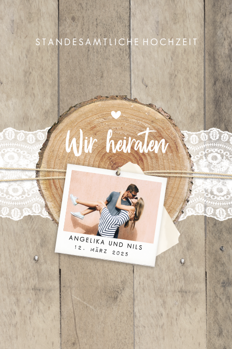 Standesamt Einladung mit Spitze und robustem Holz-Look
