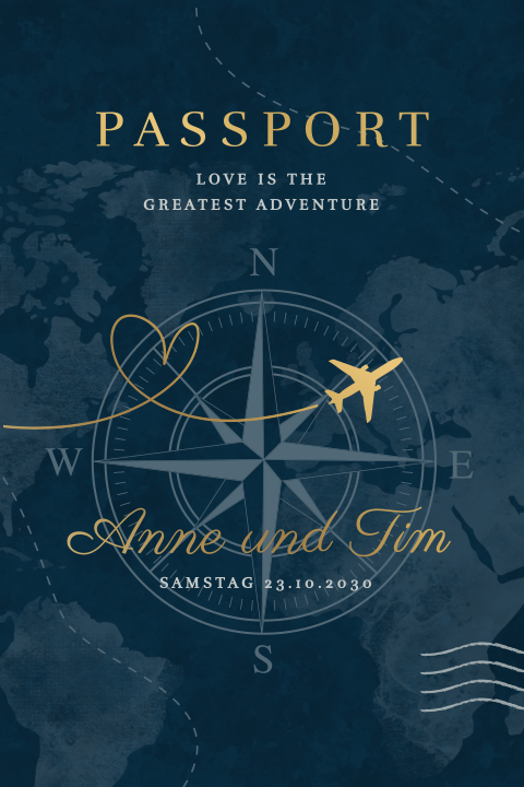 Reisepass-Hochzeitskarte blau mit Kompassrose und Mattgoldfolie
