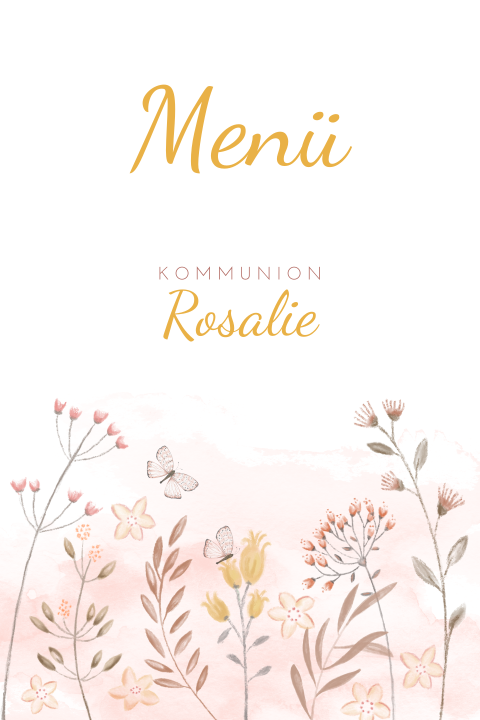 Menükarte mit süßen Blümchen zur Kommunion