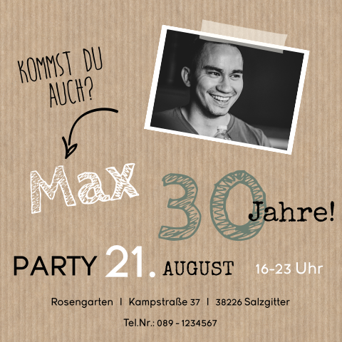 Schöne Geburtstagseinladung mit Kraftpapier-Look und Foto