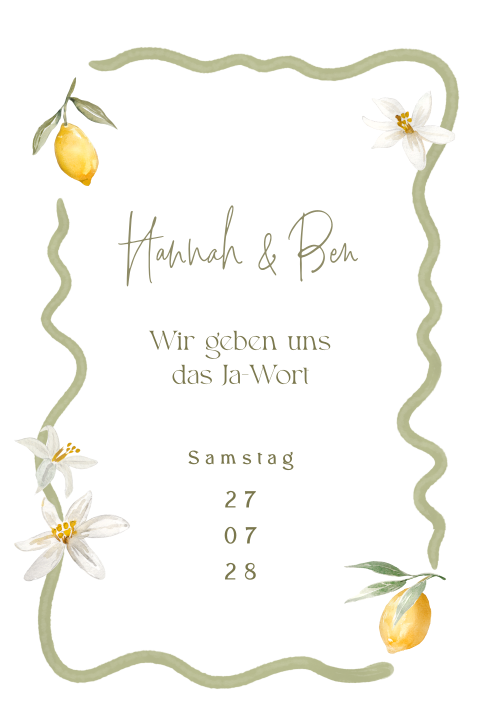 Hochzeitseinladung mit grünem, welligen Rand, Zitronen und Blüten