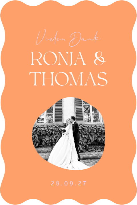Dankeskarte zur Hochzeit mit gewelltem Rand im Colour-Blocking Stil