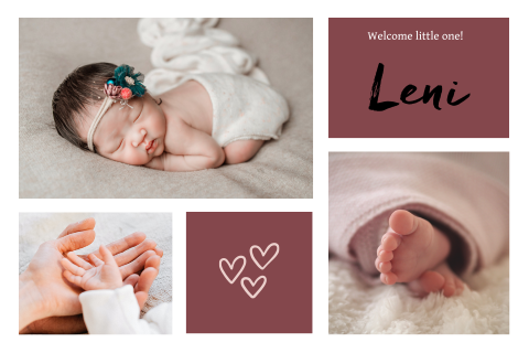 Ansprechende Geburtskarte mit Fotos und weinroten Textfeldern
