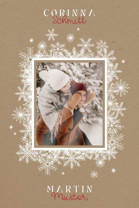 Kraftlook Hochzeitseinladung mit Schneeflocken-Rahmen und Foto