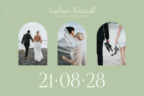 Dankeskarte in Grün mit Sternen und drei Fotos