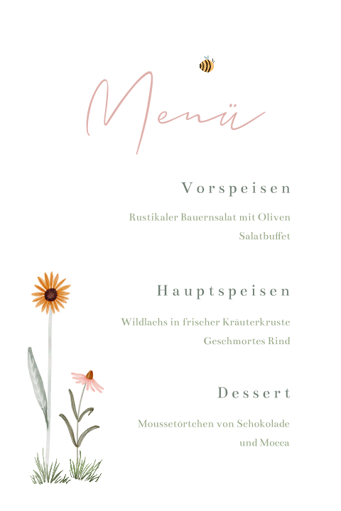 Menükarte zur Taufe mit Blumen und Biene