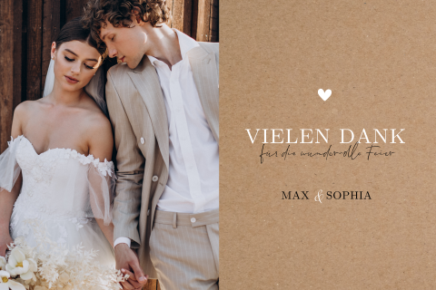 Dankeskarte Hochzeit im Kraft-Look mit Foto und weißen Herzchen