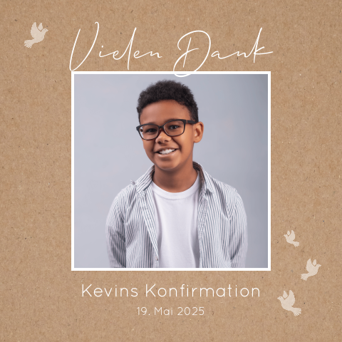 Danksagung zur Konfirmation im Kraft-Look mit Foto und Tauben