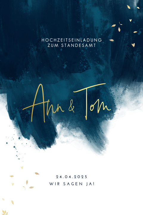 Standesamt Einladung mit Goldfolie und blauen Pinselstrichen