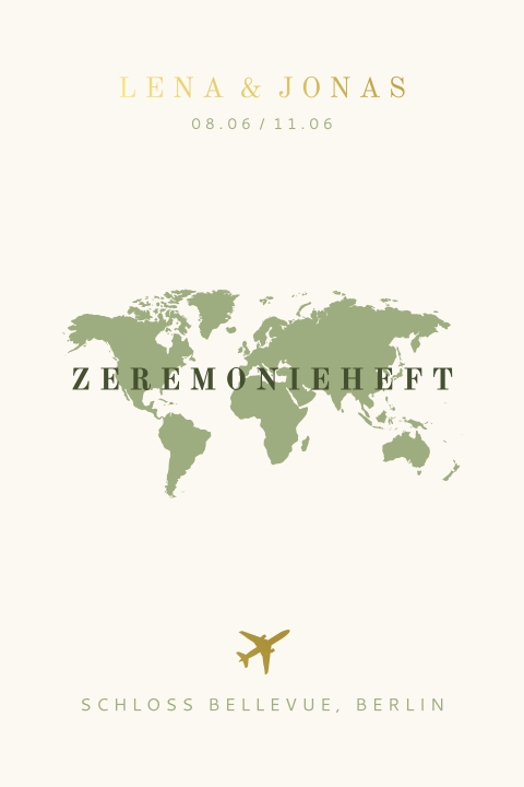Zeremonieheft mit Weltkarte und Flugzeug