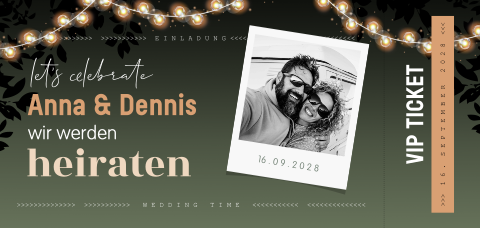 Einladung zur Hochzeit mit Foto im VIP Ticketstil