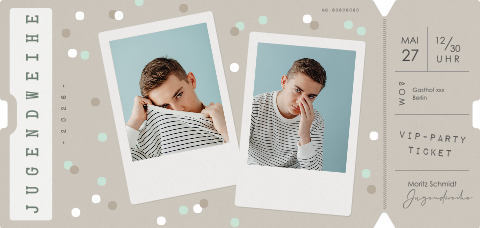 Einladung zur Jugendweihe mit Konfetti Print im Ticket-Look