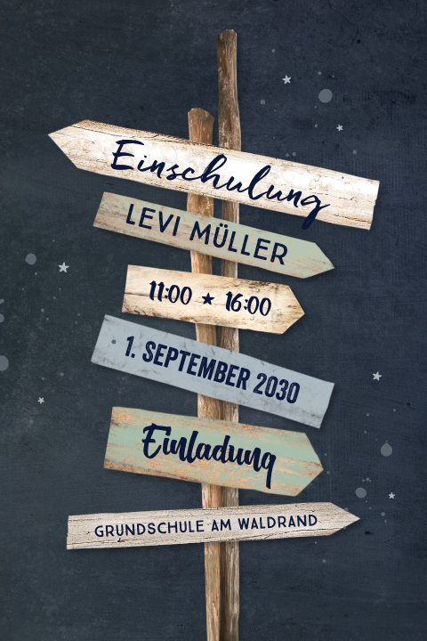 Einladung zur Einschulung mit Wegweiser und blauen Hintergrund