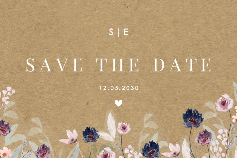 Stilvolle Kraft-Look Save the date Karte mit Aquarell-Blumen
