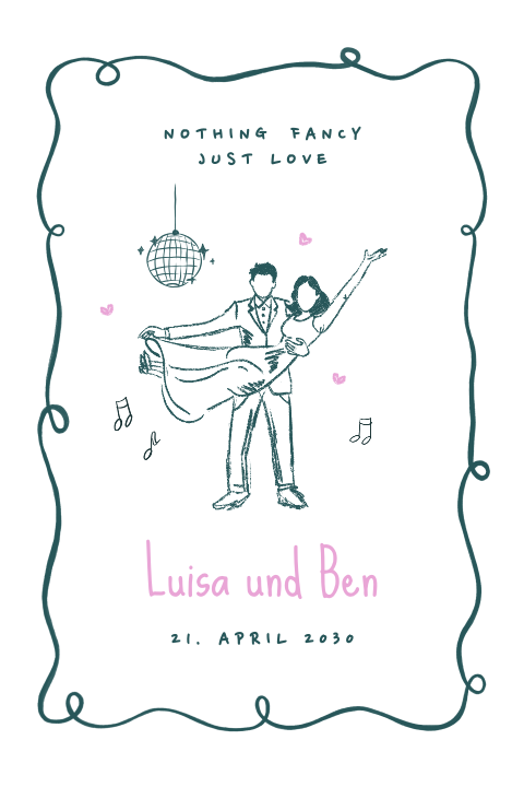 Fröhliche Hochzeitskarte mit Illustrationen und verspieltem Rahmen