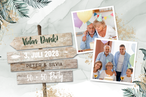 Originelle Dankeskarte zum Doppelgeburtstag mit Wegweiser und Fotos