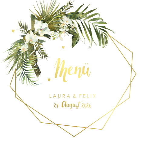 Stilvolle Menükarte mit Orchideen und Goldfolietexten