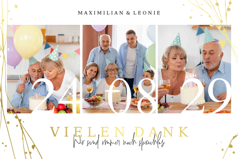 Dankeskarte zum Geburtstag mit drei Fotos, Datum und Goldfolie