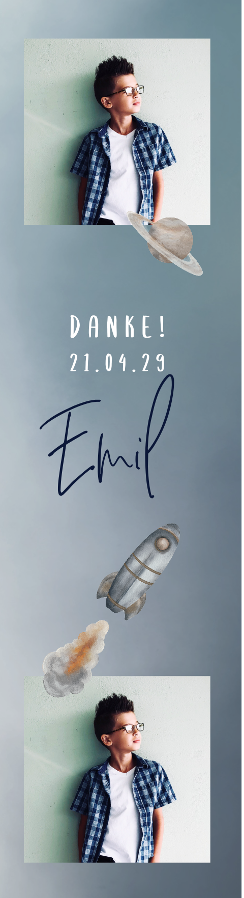 Dankeskarte Fotostreifen Kommunion mit Rakete und Fotos 4 Stück