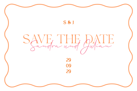Sommerliche Save-the-Date Karte mit welligem Rahmen und bunter Schrift