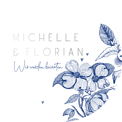 Hochzeitskarte in runder Form mit blauen Blumen