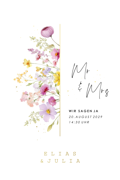 Einladungskarte Hochzeit mit Blumenranke und lila Verzierungen