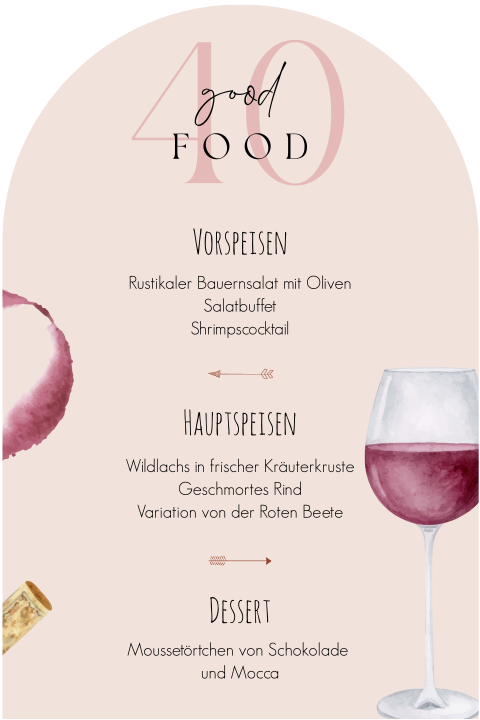 Menükarte in Bogenform mit Wein zum 40sten Geburtstag