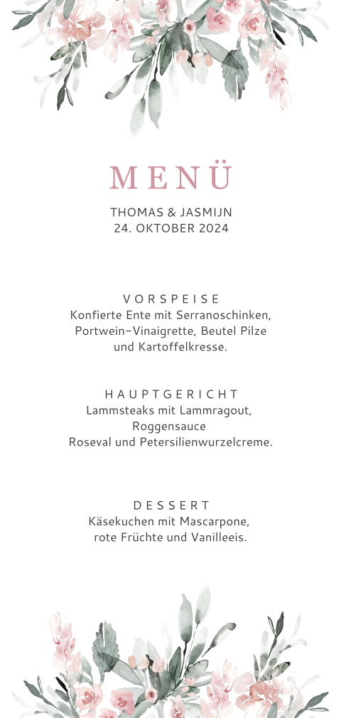 Florale Speisekarte passend zur Hochzeitskarte