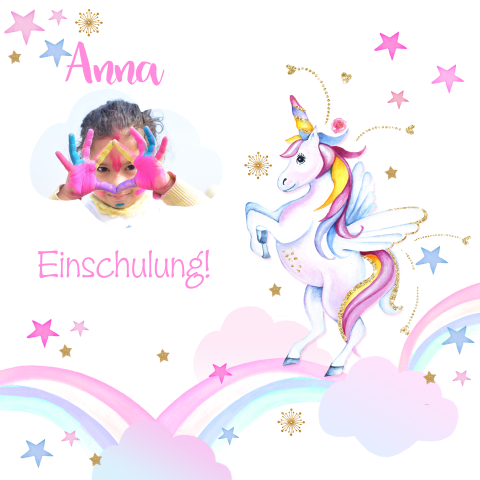 Trendige Einschulungskarte mit Einhorn, Regenbogen und Foto
